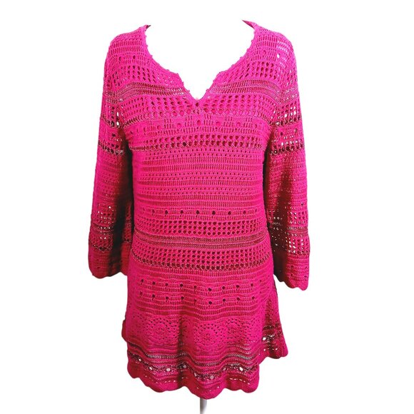 Hot in Hollywood Tops - Hot In Hollywood Fuchsia Pink Crochet Tunic W/ Attached Tank, 3/4 Sleeve, Medium